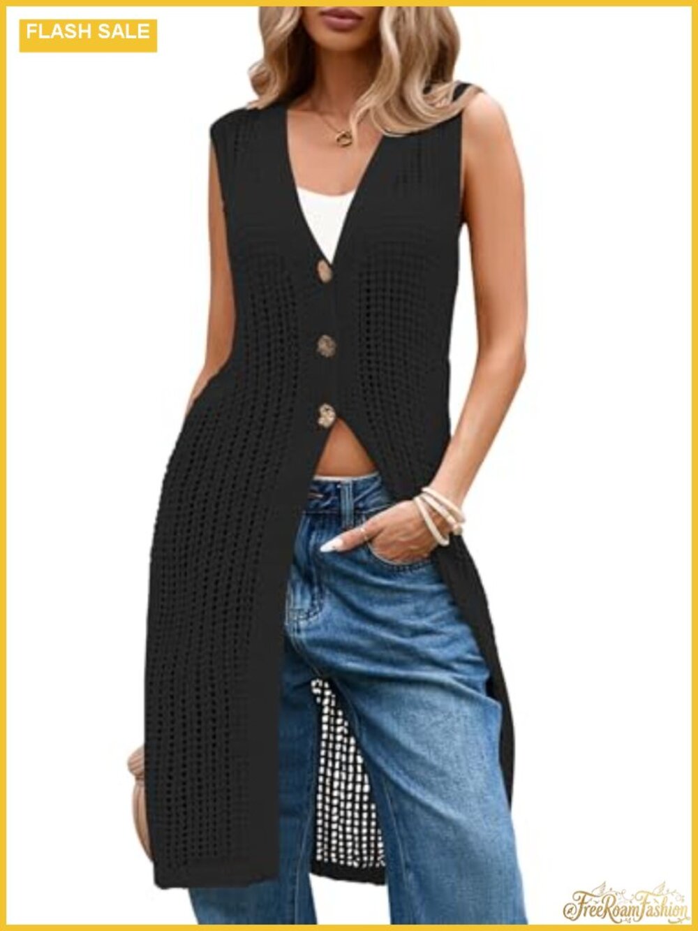 Women's Sleeveless Crochet Cardigan Boho Long Knit Vest